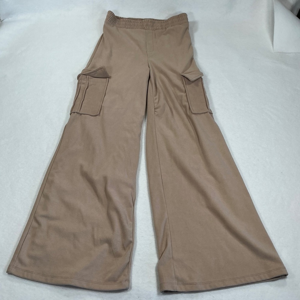 Iris Women Tan Ribbed Wide Leg Cargo Pants Elastic Waist Size Medium